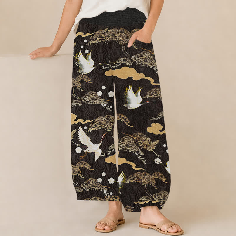 Buddha Stones Pantalones harem de algodón con estampado de grullas y nubes, cintura elástica plisada y bolsillos para mujer. - Negro - US16，UK/AU20，EU48 (3XL) - image 0