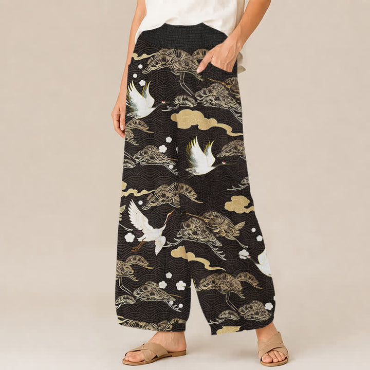 Buddha Stones Pantalones harem de algodón con estampado de grullas y nubes, cintura elástica plisada y bolsillos para mujer. - image 1