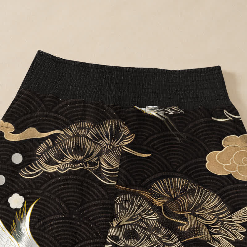 Buddha Stones Pantalones harem de algodón con estampado de grullas y nubes, cintura elástica plisada y bolsillos para mujer. - image 4