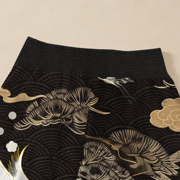 Buddha Stones Pantalones harem de algodón con estampado de grullas y nubes, cintura elástica plisada y bolsillos para mujer. - image 4
