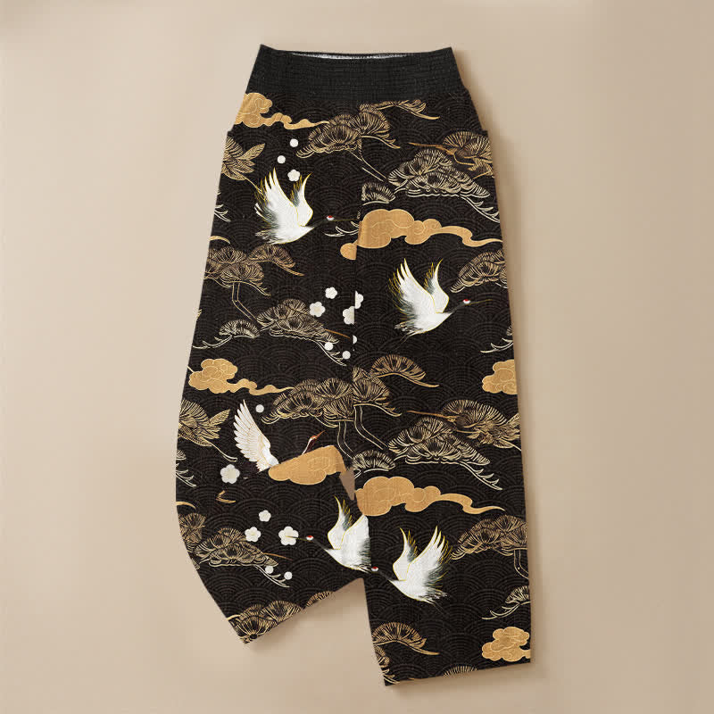 Buddha Stones Pantalones harem de algodón con estampado de grullas y nubes, cintura elástica plisada y bolsillos para mujer. - image 3