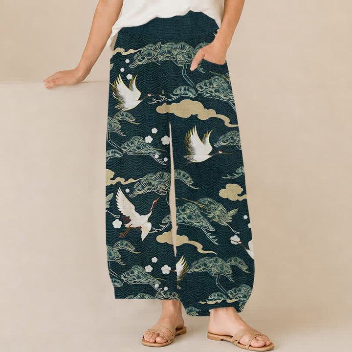 Buddha Stones Pantalones harem de algodón con estampado de grullas y nubes, cintura elástica plisada y bolsillos para mujer. - Verde azulado - US16，UK/AU20，EU48 (3XL) - image 6