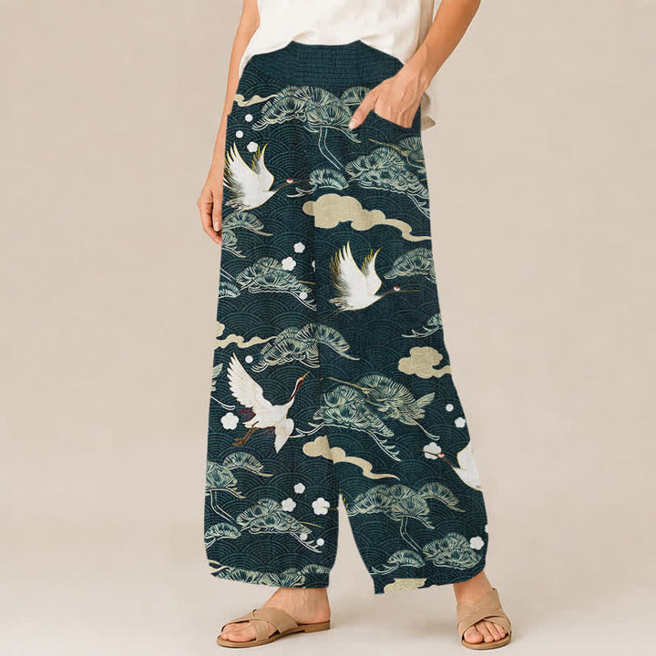 Buddha Stones Pantalones harem de algodón con estampado de grullas y nubes, cintura elástica plisada y bolsillos para mujer. - image 7