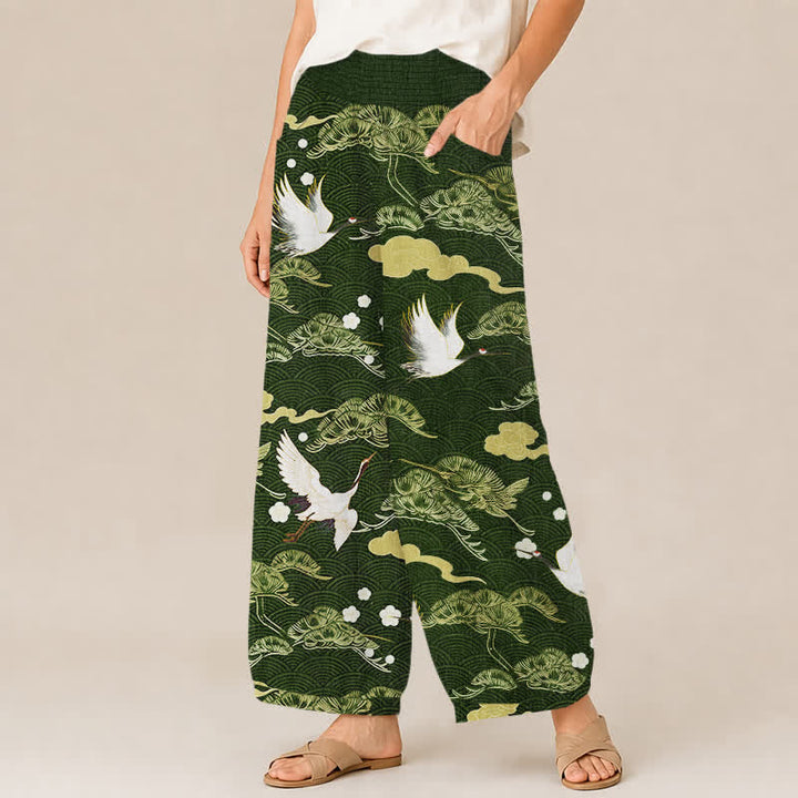 Buddha Stones Pantalones harem de algodón con estampado de grullas y nubes, cintura elástica plisada y bolsillos para mujer. - image 11