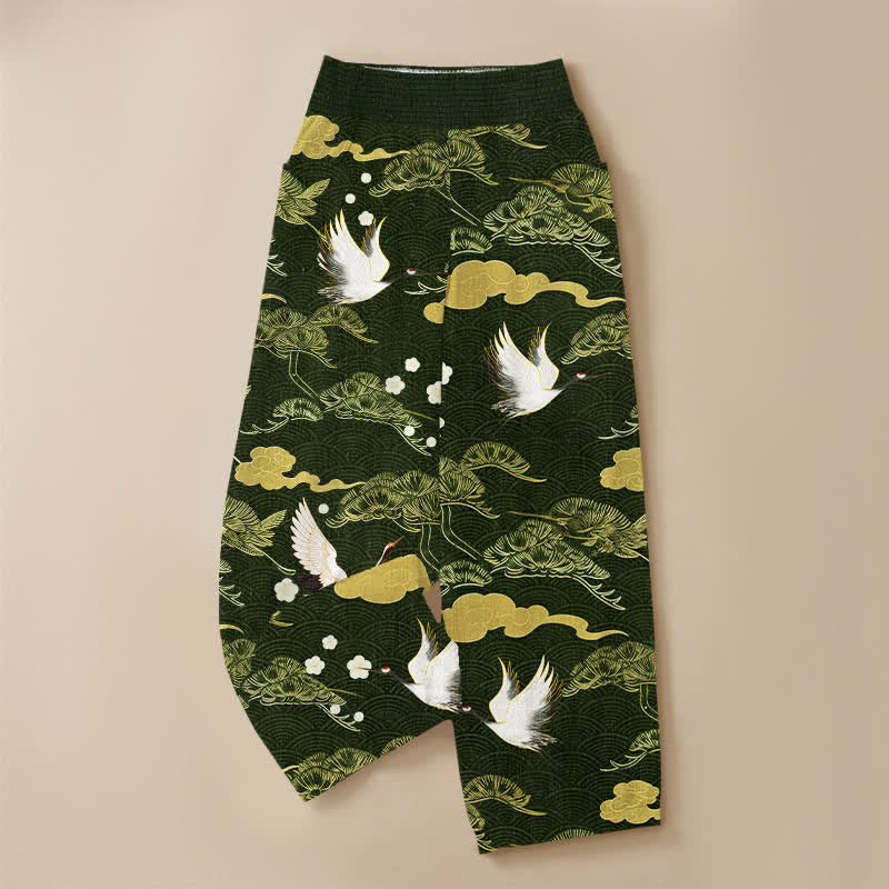 Buddha Stones Pantalones harem de algodón con estampado de grullas y nubes, cintura elástica plisada y bolsillos para mujer. - image 13