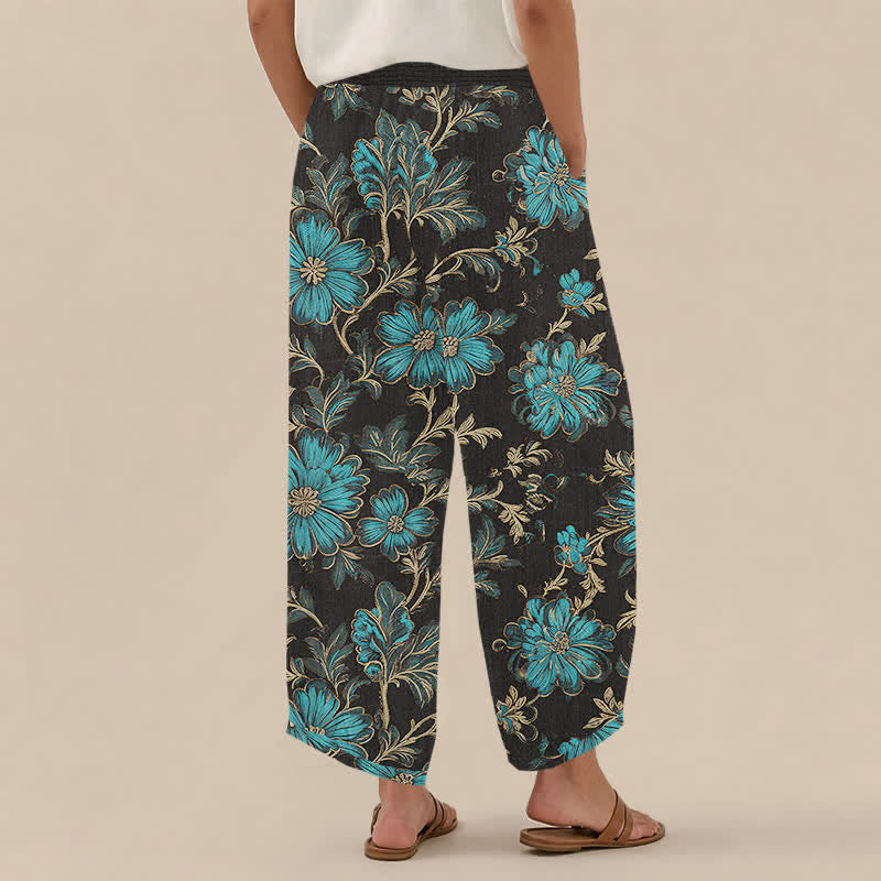 Buddha Stones Pantalones harem de algodón con estampado botánico Midnight Bloom, cintura elástica plisada y bolsillos para mujer. - image 2
