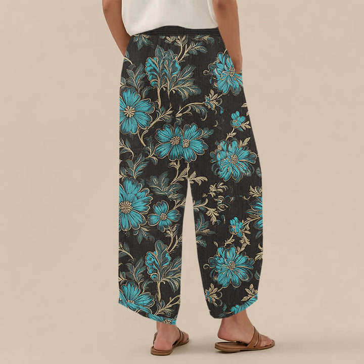 Buddha Stones Pantalones harem de algodón con estampado botánico Midnight Bloom, cintura elástica plisada y bolsillos para mujer. - image 2