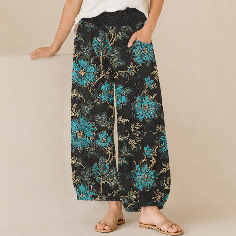 Buddha Stones Pantalones harem de algodón con estampado botánico Midnight Bloom, cintura elástica plisada y bolsillos para mujer. - Negro - US16，UK/AU20，EU48 (3XL) - image 0