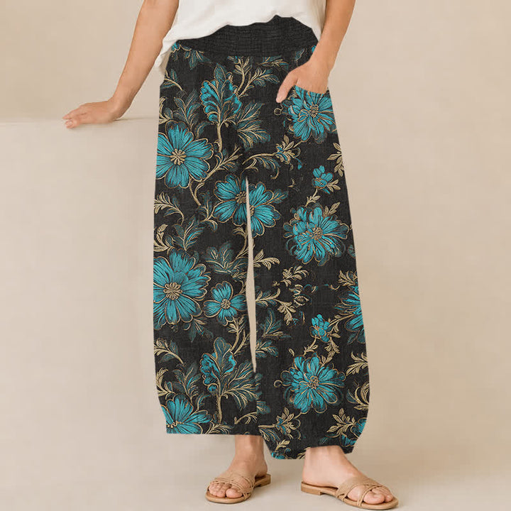 Buddha Stones Pantalones harem de algodón con estampado botánico Midnight Bloom, cintura elástica plisada y bolsillos para mujer. - Negro - US16，UK/AU20，EU48 (3XL) - image 0