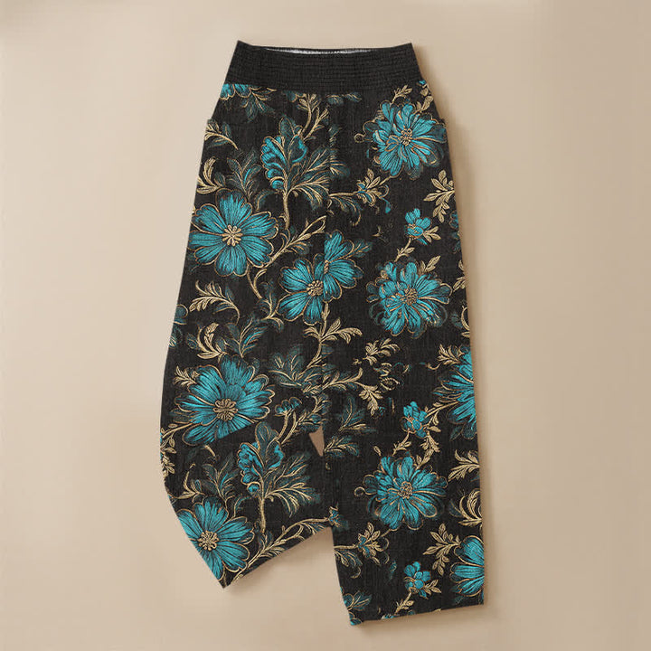 Buddha Stones Pantalones harem de algodón con estampado botánico Midnight Bloom, cintura elástica plisada y bolsillos para mujer. - image 3