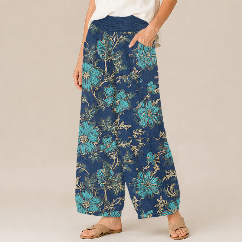 Buddha Stones Pantalones harem de algodón con estampado botánico Midnight Bloom, cintura elástica plisada y bolsillos para mujer. - image 7