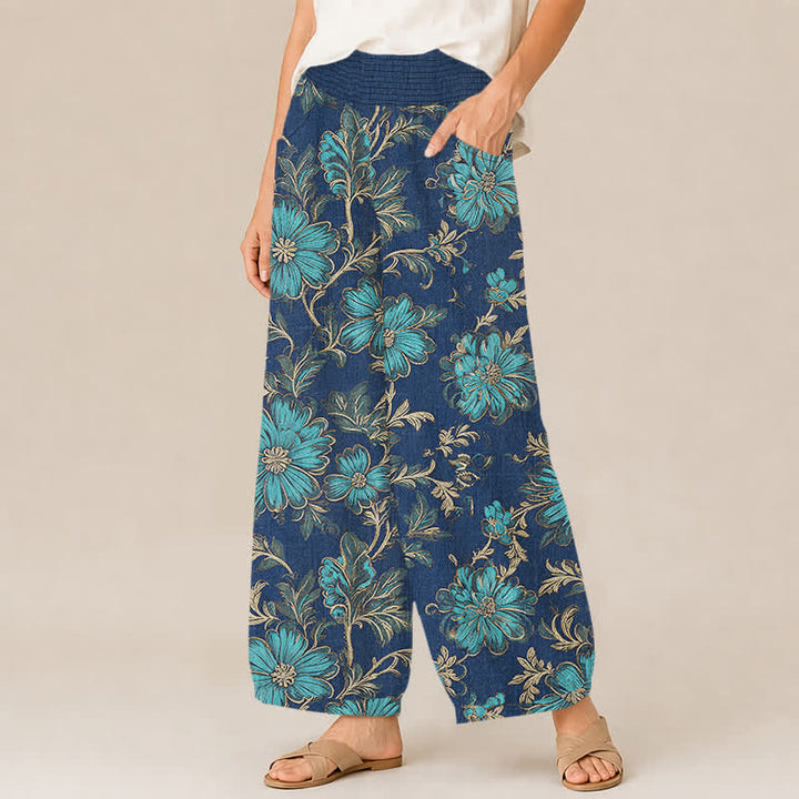 Buddha Stones Pantalones harem de algodón con estampado botánico Midnight Bloom, cintura elástica plisada y bolsillos para mujer. - image 7