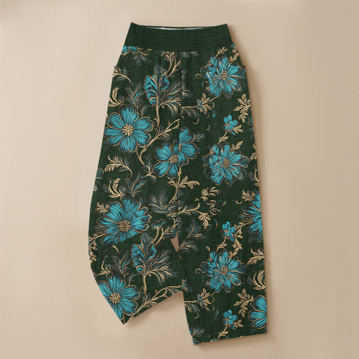 Buddha Stones Pantalones harem de algodón con estampado botánico Midnight Bloom, cintura elástica plisada y bolsillos para mujer. - image 13