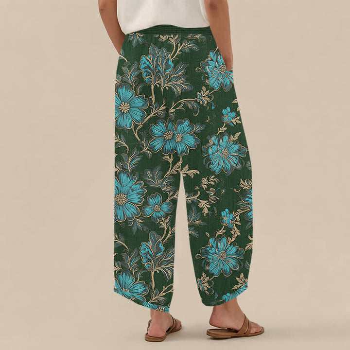 Buddha Stones Pantalones harem de algodón con estampado botánico Midnight Bloom, cintura elástica plisada y bolsillos para mujer. - image 12