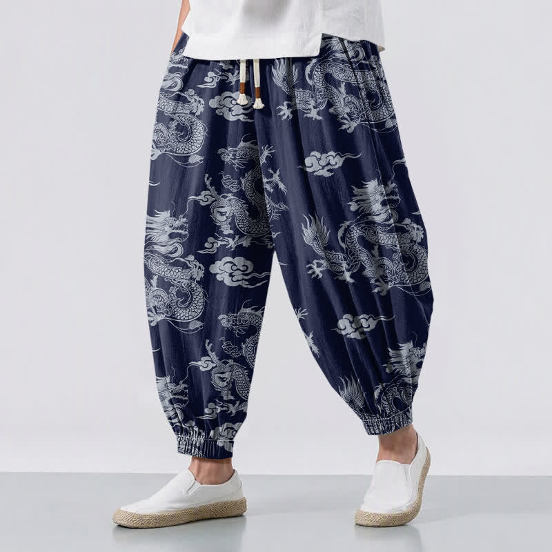 Buddha Stones Pantalones harem para hombre de algodón puro con estampado de nubes de dragón y cordón ajustable, con bolsillos. - Marina de guerra - US/UK/AU50, EU60 (5XL) - image 0