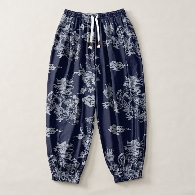 Buddha Stones Pantalones harem para hombre de algodón puro con estampado de nubes de dragón y cordón ajustable, con bolsillos. - image 1