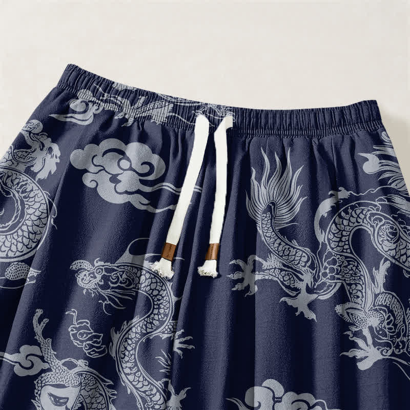 Buddha Stones Pantalones harem para hombre de algodón puro con estampado de nubes de dragón y cordón ajustable, con bolsillos. - image 3