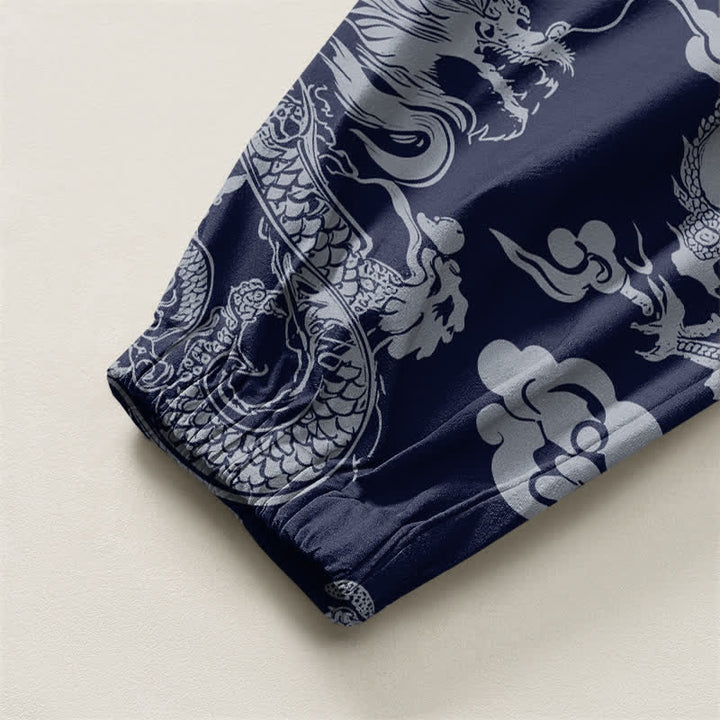Buddha Stones Pantalones harem para hombre de algodón puro con estampado de nubes de dragón y cordón ajustable, con bolsillos. - image 4