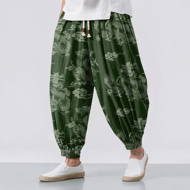 Buddha Stones Pantalones harem para hombre de algodón puro con estampado de nubes de dragón y cordón ajustable, con bolsillos. - Verde bosque - US/UK/AU50, EU60 (5XL) - image 6