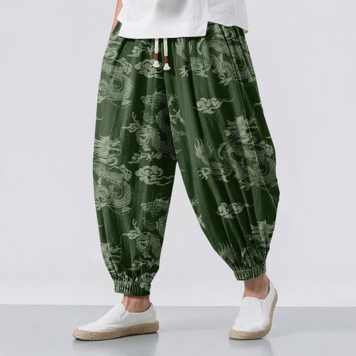 Buddha Stones Pantalones harem para hombre de algodón puro con estampado de nubes de dragón y cordón ajustable, con bolsillos. - Verde bosque - US/UK/AU50, EU60 (5XL) - image 6