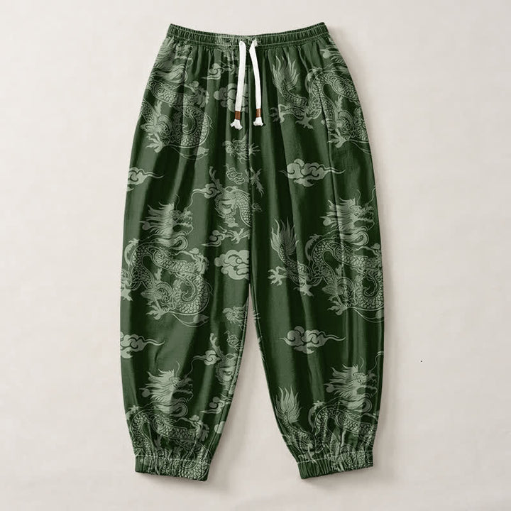 Buddha Stones Pantalones harem para hombre de algodón puro con estampado de nubes de dragón y cordón ajustable, con bolsillos. - image 7