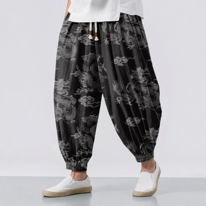 Buddha Stones Pantalones harem para hombre de algodón puro con estampado de nubes de dragón y cordón ajustable, con bolsillos. - Negro - US/UK/AU50, EU60 (5XL) - image 12