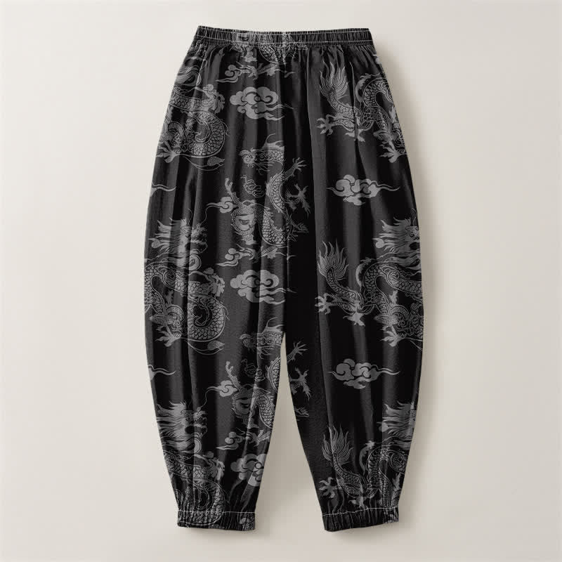 Buddha Stones Pantalones harem para hombre de algodón puro con estampado de nubes de dragón y cordón ajustable, con bolsillos. - image 14