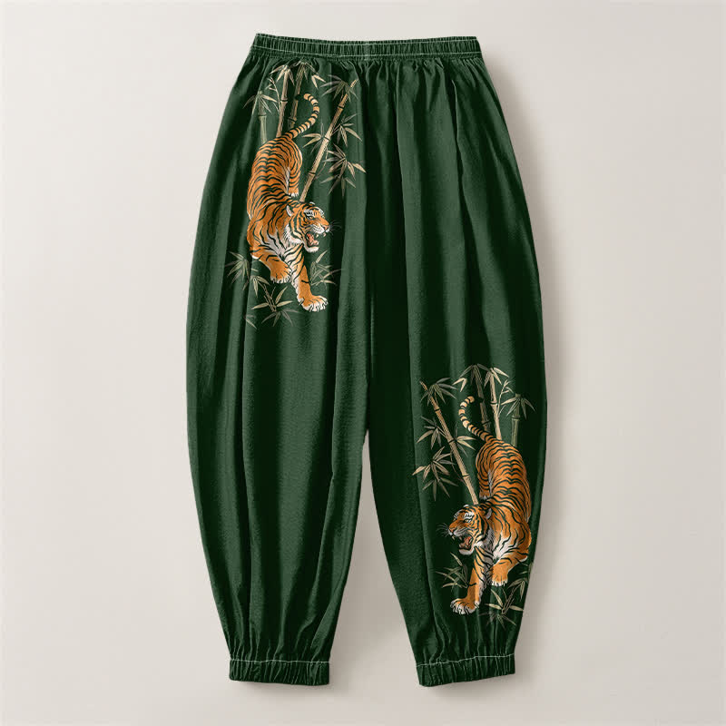 Buddha Stones Pantalones harem para hombre de algodón puro con estampado de bambú y tigre, con cordón ajustable y bolsillos. - image 8
