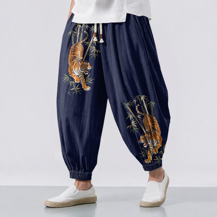 Buddha Stones Pantalones harem para hombre de algodón puro con estampado de bambú y tigre, con cordón ajustable y bolsillos. - Marina de guerra - US/UK/AU50, EU60 (5XL) - image 12