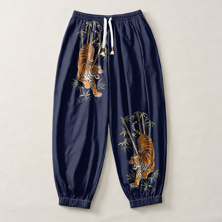 Buddha Stones Pantalones harem para hombre de algodón puro con estampado de bambú y tigre, con cordón ajustable y bolsillos. - image 13