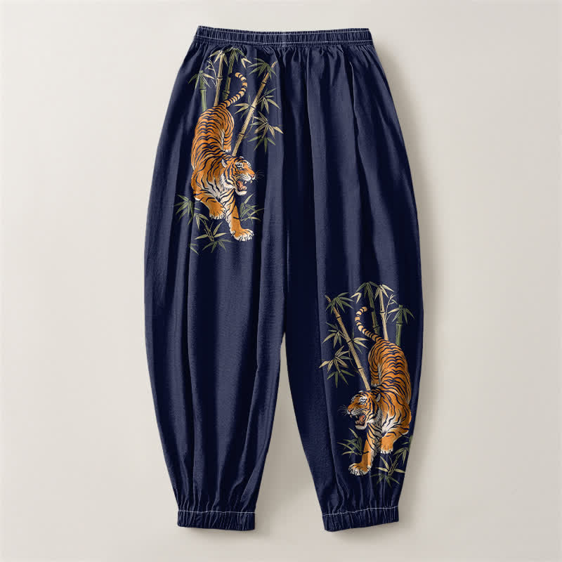 Buddha Stones Pantalones harem para hombre de algodón puro con estampado de bambú y tigre, con cordón ajustable y bolsillos. - image 14