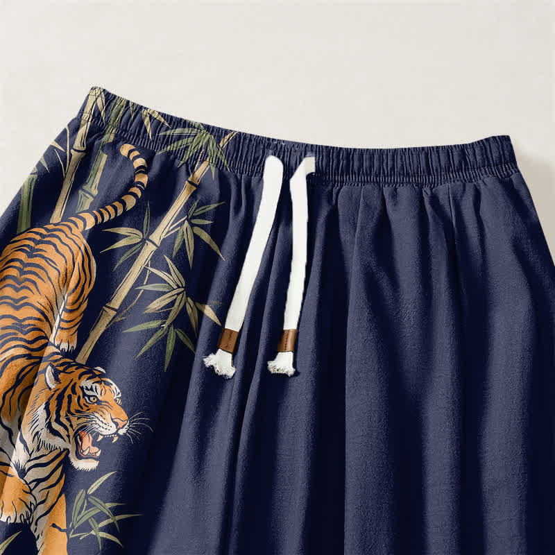 Buddha Stones Pantalones harem para hombre de algodón puro con estampado de bambú y tigre, con cordón ajustable y bolsillos. - image 15