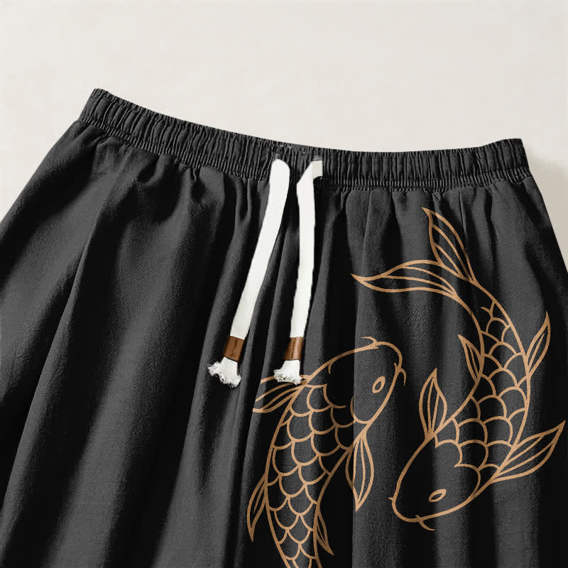 Buddha Stones Pantalones harem para hombre de algodón puro con estampado de doble pez koi, cordón ajustable y bolsillos. - image 3
