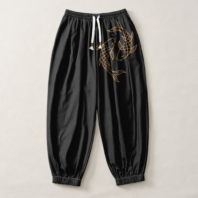 Buddha Stones Pantalones harem para hombre de algodón puro con estampado de doble pez koi, cordón ajustable y bolsillos. - image 1