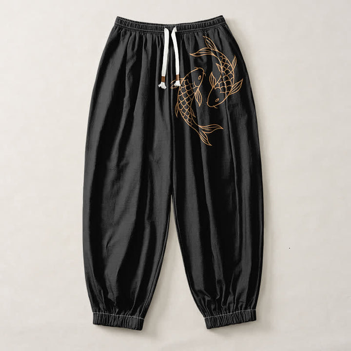 Buddha Stones Pantalones harem para hombre de algodón puro con estampado de doble pez koi, cordón ajustable y bolsillos. - image 1