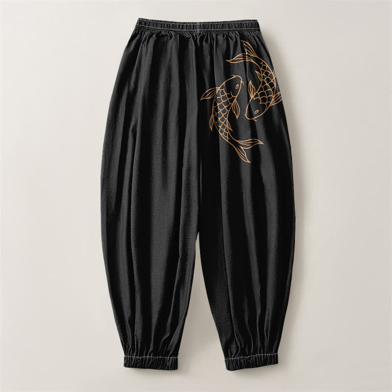 Buddha Stones Pantalones harem para hombre de algodón puro con estampado de doble pez koi, cordón ajustable y bolsillos. - image 2