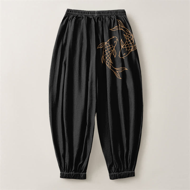 Buddha Stones Pantalones harem para hombre de algodón puro con estampado de doble pez koi, cordón ajustable y bolsillos. - image 2