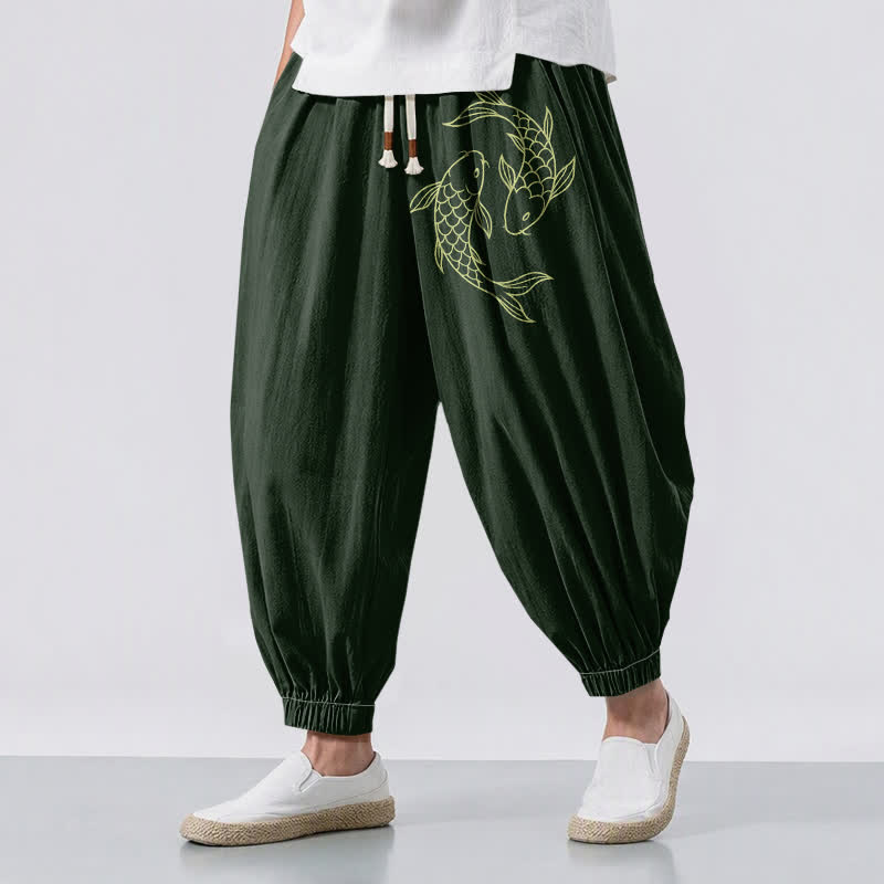 Buddha Stones Pantalones harem para hombre de algodón puro con estampado de doble pez koi, cordón ajustable y bolsillos. - Verde oscuro - US/UK/AU50, EU60 (5XL) - image 6