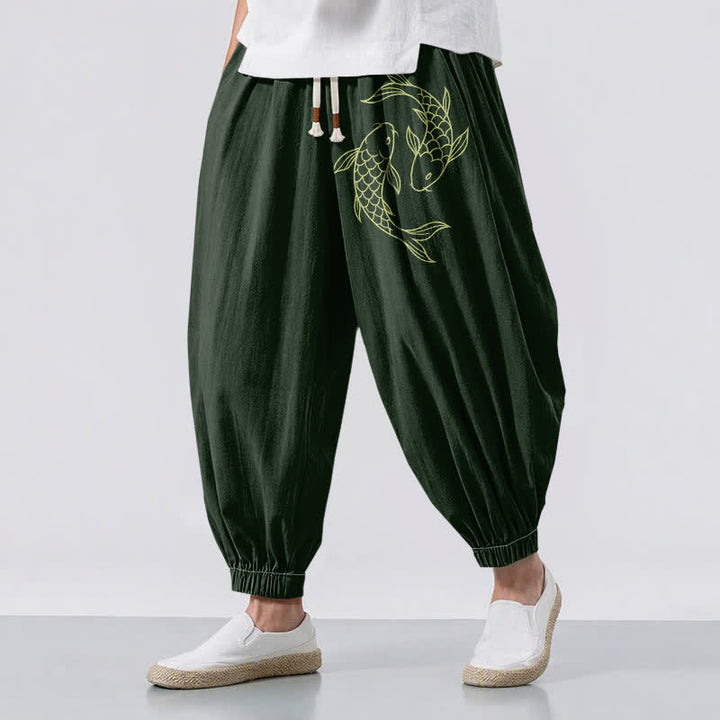 Buddha Stones Pantalones harem para hombre de algodón puro con estampado de doble pez koi, cordón ajustable y bolsillos. - Verde oscuro - US/UK/AU50, EU60 (5XL) - image 6