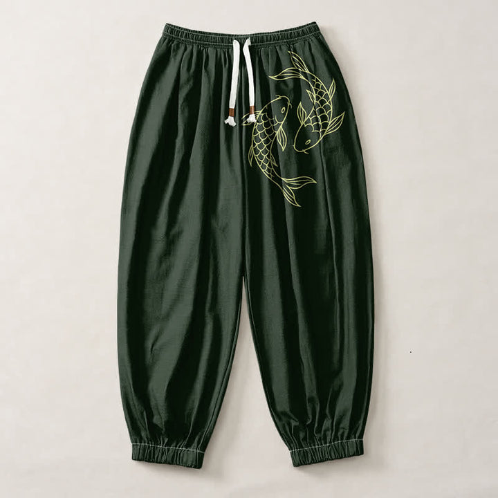 Buddha Stones Pantalones harem para hombre de algodón puro con estampado de doble pez koi, cordón ajustable y bolsillos. - image 7