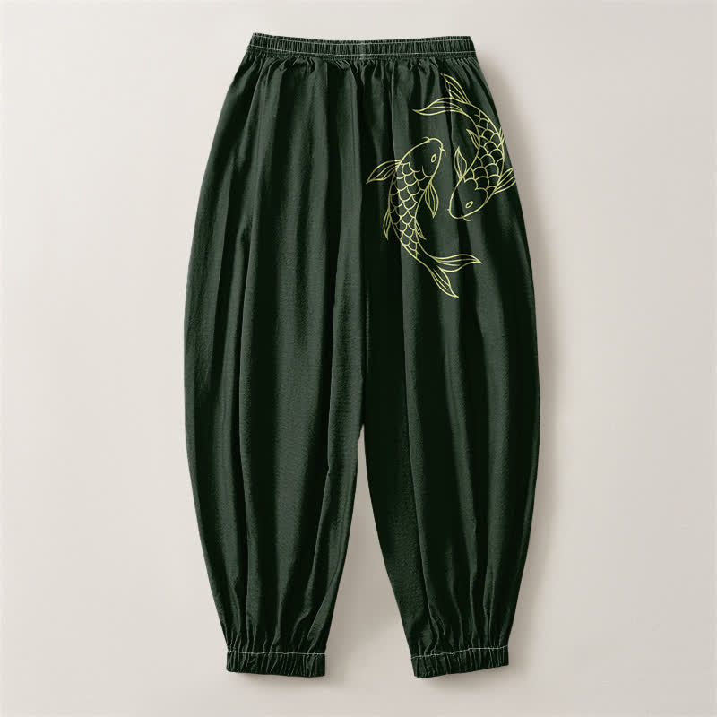 Buddha Stones Pantalones harem para hombre de algodón puro con estampado de doble pez koi, cordón ajustable y bolsillos. - image 8