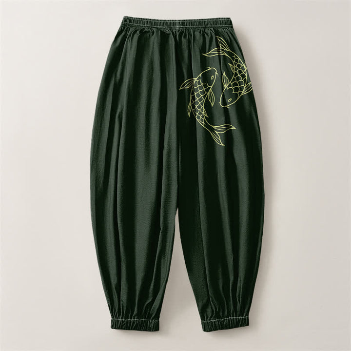 Buddha Stones Pantalones harem para hombre de algodón puro con estampado de doble pez koi, cordón ajustable y bolsillos. - image 8