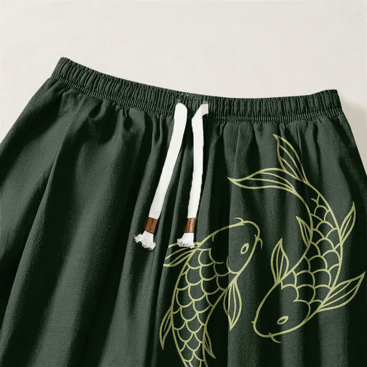 Buddha Stones Pantalones harem para hombre de algodón puro con estampado de doble pez koi, cordón ajustable y bolsillos. - image 9