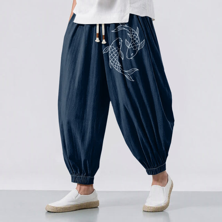 Buddha Stones Pantalones harem para hombre de algodón puro con estampado de doble pez koi, cordón ajustable y bolsillos. - Marina de guerra - US/UK/AU50, EU60 (5XL) - image 12