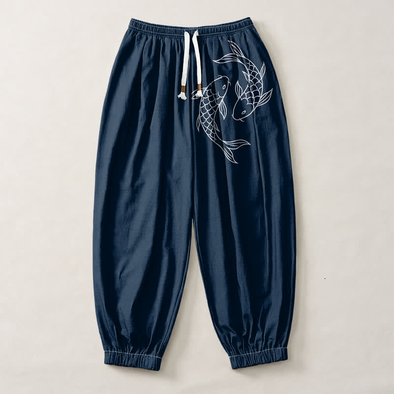 Buddha Stones Pantalones harem para hombre de algodón puro con estampado de doble pez koi, cordón ajustable y bolsillos. - image 13
