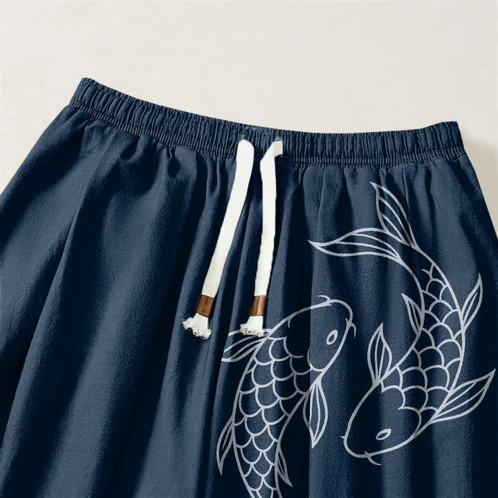 Buddha Stones Pantalones harem para hombre de algodón puro con estampado de doble pez koi, cordón ajustable y bolsillos. - image 15