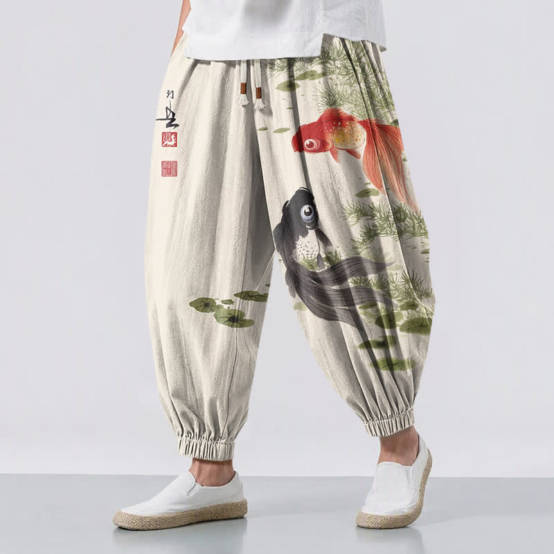 Buddha Stones Pantalones harem para hombre de algodón puro con estampado de hojas de loto y carpas koi, con cordón ajustable y bolsillos. - Beige - US/UK/AU50, EU60 (5XL) - image 0
