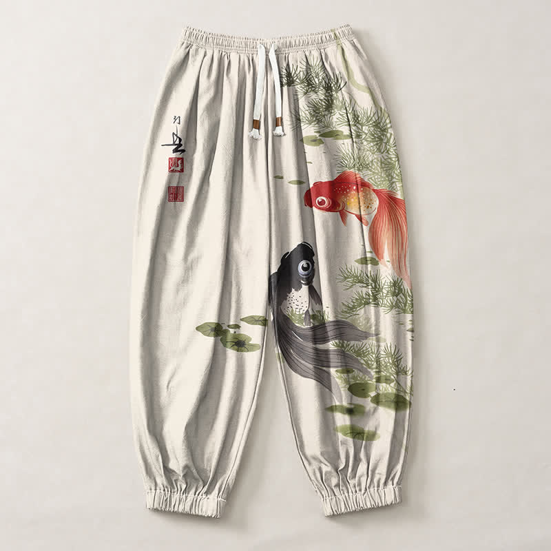 Buddha Stones Pantalones harem para hombre de algodón puro con estampado de hojas de loto y carpas koi, con cordón ajustable y bolsillos. - image 1