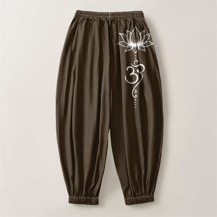 Buddha Stones Pantalones harem para hombre de algodón puro con estampado Lotus Om, cordón ajustable y bolsillos. - image 8