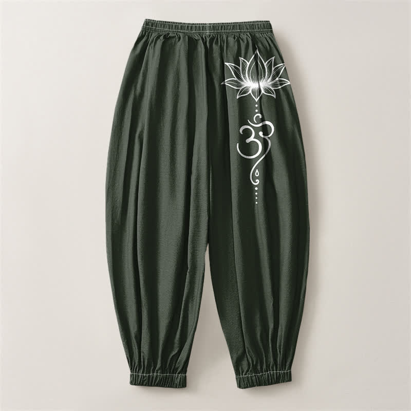 Buddha Stones Pantalones harem para hombre de algodón puro con estampado Lotus Om, cordón ajustable y bolsillos. - image 14